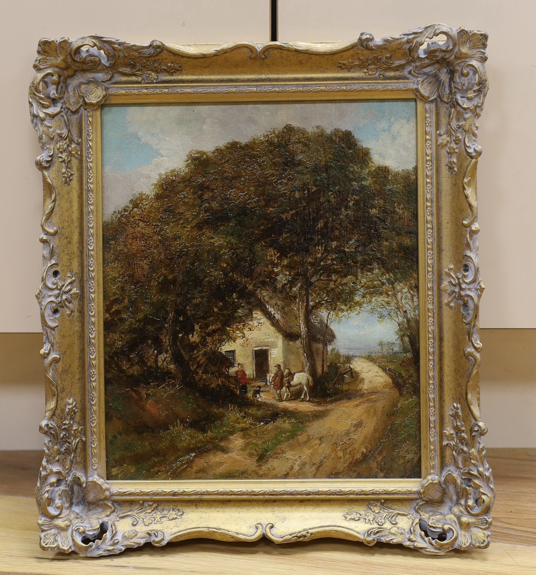 Attributed to James Stark (1794-1859), oil on canvas, country pathway with figures before a cottage, gilt framed, 29cm x 24cm